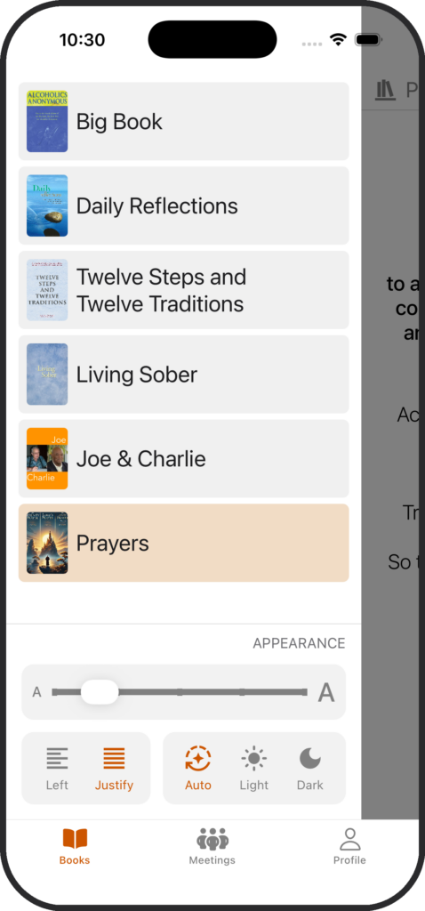 SoberHub app displaying the Recovery Literature Library and books menu.