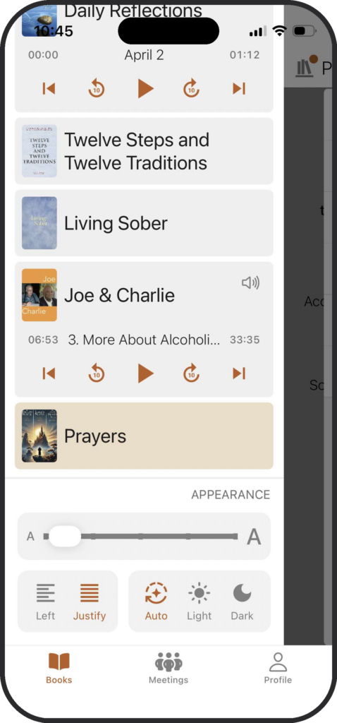 SoberHub app displaying the Books menu and Prayers section.
