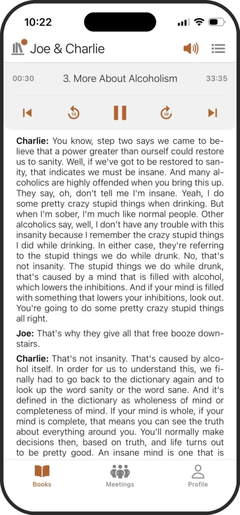 SoberHub app displaying the Joe and Charlie audio player and transcript.