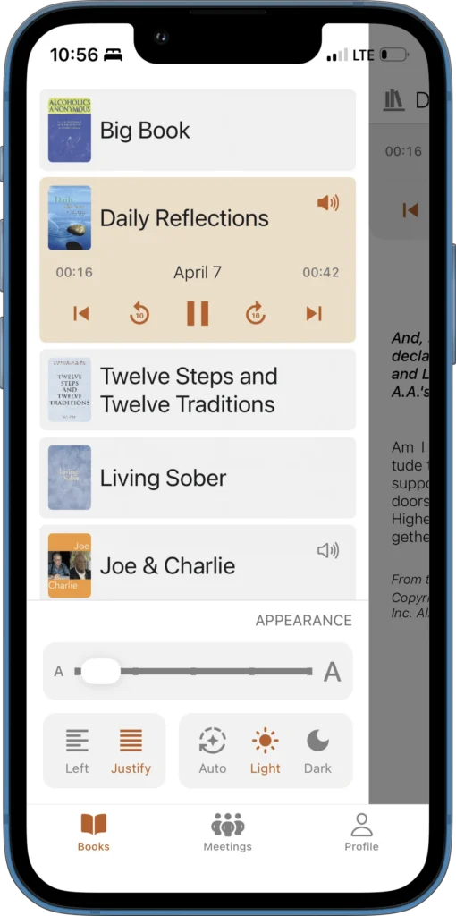 Daily Reflections on iOS SoberHub app showing Daily Reflections with audio player and book menu on iPhone