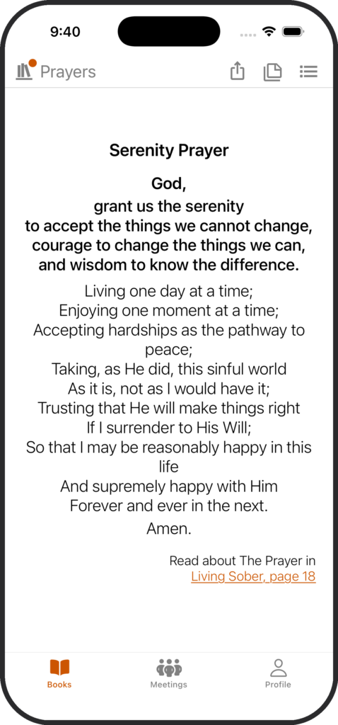 SoberHub app displaying the Serenity Prayer.
