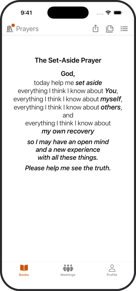 SoberHub app displaying the Set Aside Prayer.