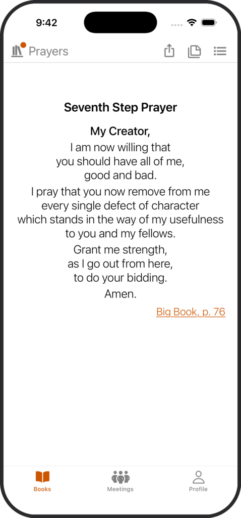 SoberHub app displaying the Seventh Step Prayer.