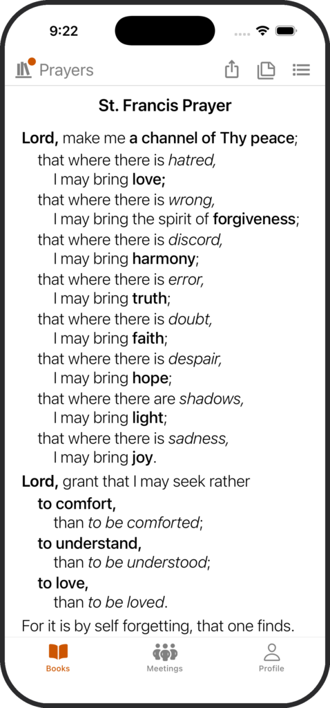 SoberHub app displaying the St. Francis Prayer.