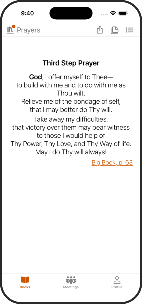 SoberHub app displaying the Third Step Prayer.